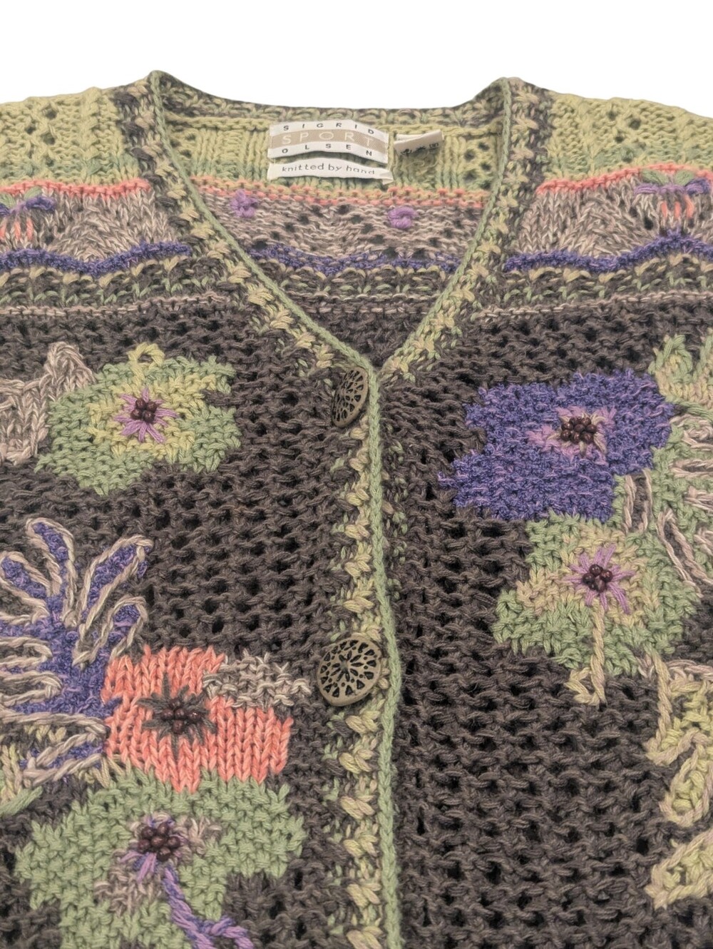 Sigrid Olsen Sport Vintage Fairycore Grannycore Hand Knit Floral Cardigan - Sz L - Picture 3 of 6